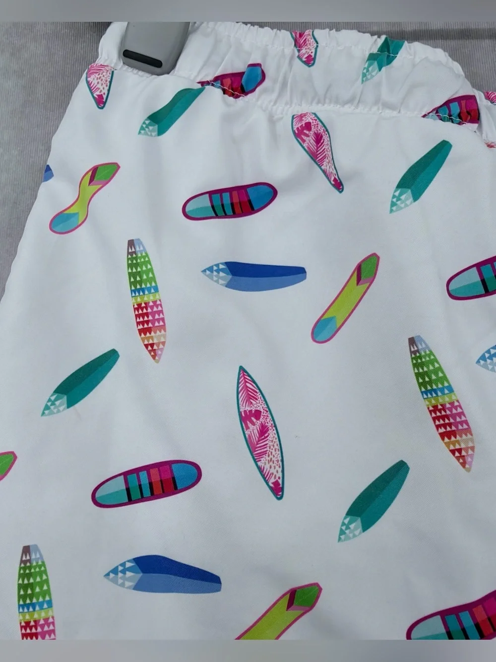 Surf Society Men's White Surfboard Print Swim Trunks medium